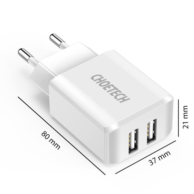 Dviejų prievadų įkroviklis 2xUSB-A 10W 2A baltas