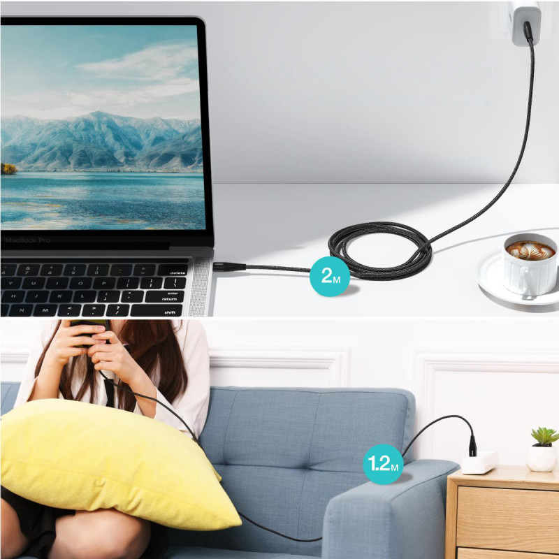 2x C tipo USB kabelis – C tipo USB maitinimo šaltinis 1,2 m ir 2 m juodos spalvos