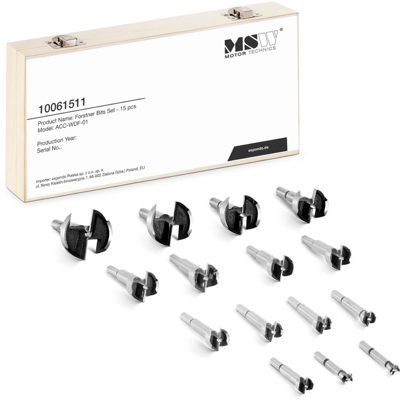 Forstner grąžtų rinkinys gipso kartono medienai HRC50 ilgis 90 mm sk. 10-50mm - 15 vnt.