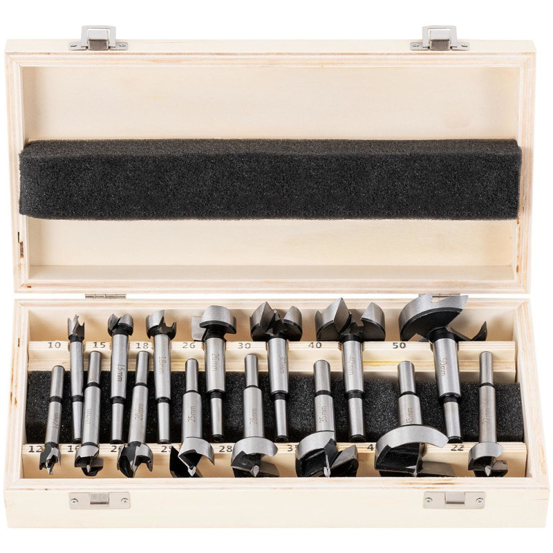 Forstner grąžtų rinkinys gipso kartono medienai HRC50 ilgis 90 mm sk. 10-50mm - 15 vnt.