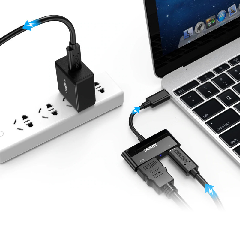 HUB-M03 adapteris USB Type C - HDMI + USB-C Power Delivery juodas