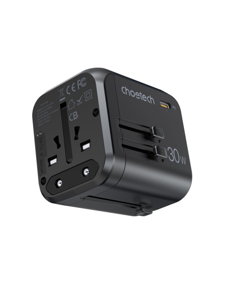 Greitas kelioninis įkroviklis EU UK kištukas 1xUSB Type C + 3xUSB 30W black