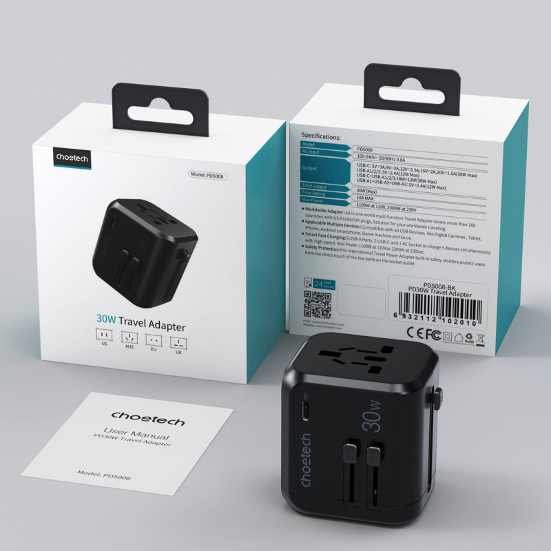 Greitas kelioninis įkroviklis EU UK kištukas 1xUSB Type C + 3xUSB 30W black
