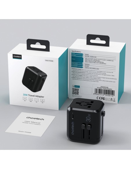 Greitas kelioninis įkroviklis EU UK kištukas 1xUSB Type C + 3xUSB 30W black