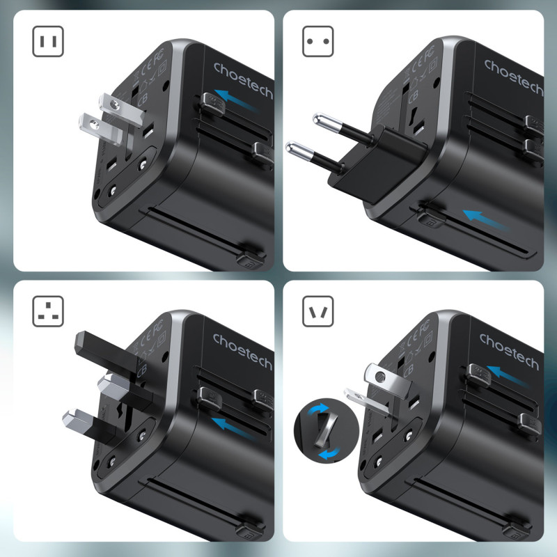 Greitas kelioninis įkroviklis EU UK kištukas 1xUSB Type C + 3xUSB 30W black