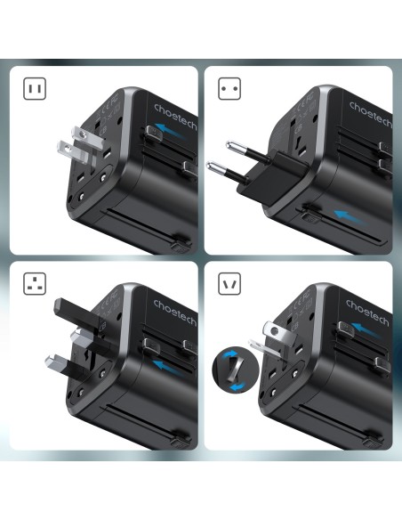 Greitas kelioninis įkroviklis EU UK kištukas 1xUSB Type C + 3xUSB 30W black