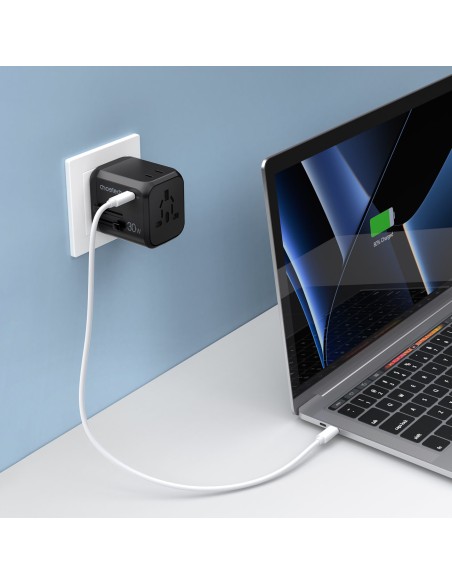 Greitas kelioninis įkroviklis EU UK kištukas 1xUSB Type C + 3xUSB 30W black