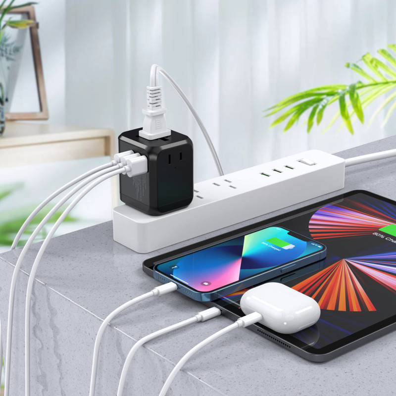 Greitas kelioninis įkroviklis EU UK kištukas 1xUSB Type C + 3xUSB 30W black
