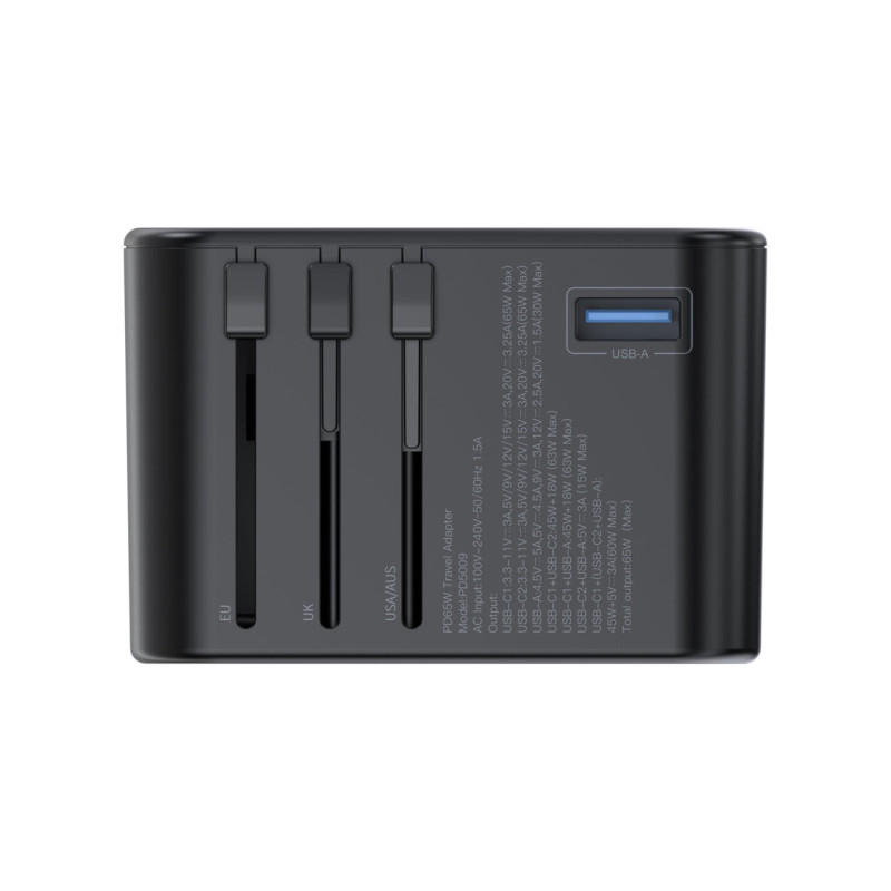 Greitas kelioninis pakrovėjas EU UK US AUS 3xUSB kištukas 30-65W juodas