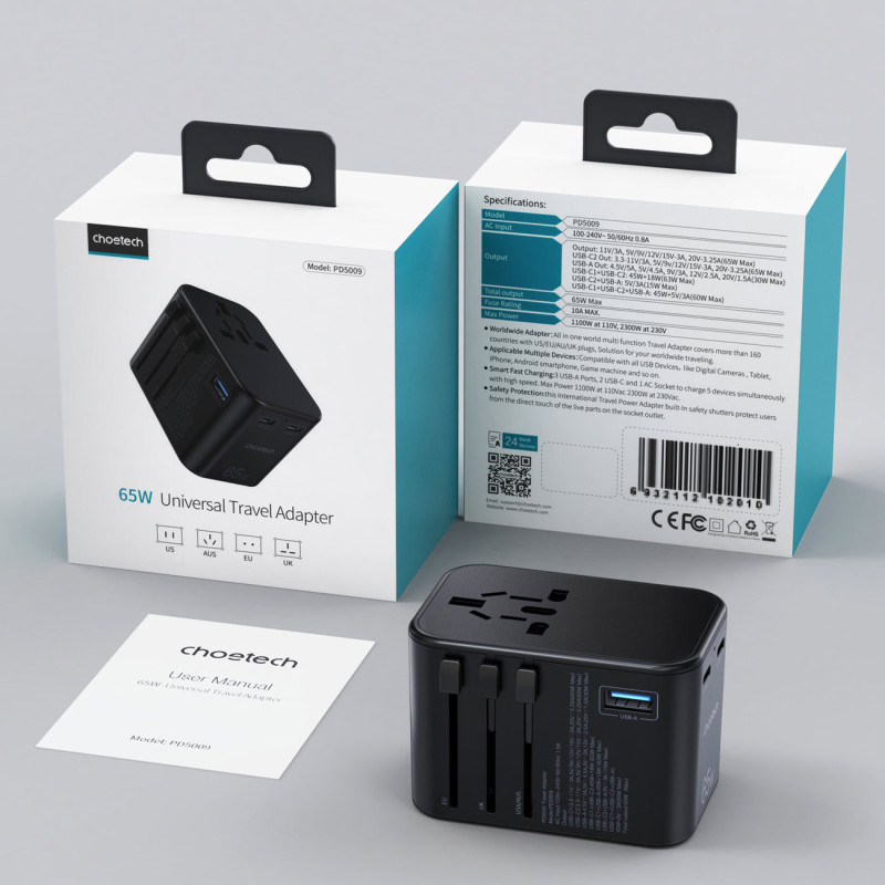 Greitas kelioninis pakrovėjas EU UK US AUS 3xUSB kištukas 30-65W juodas