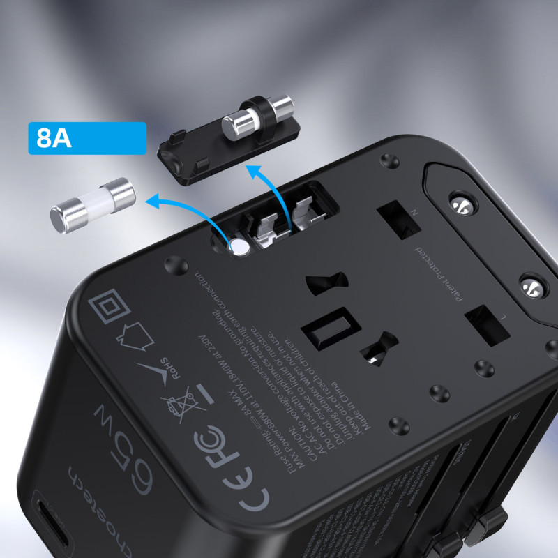 Greitas kelioninis pakrovėjas EU UK US AUS 3xUSB kištukas 30-65W juodas