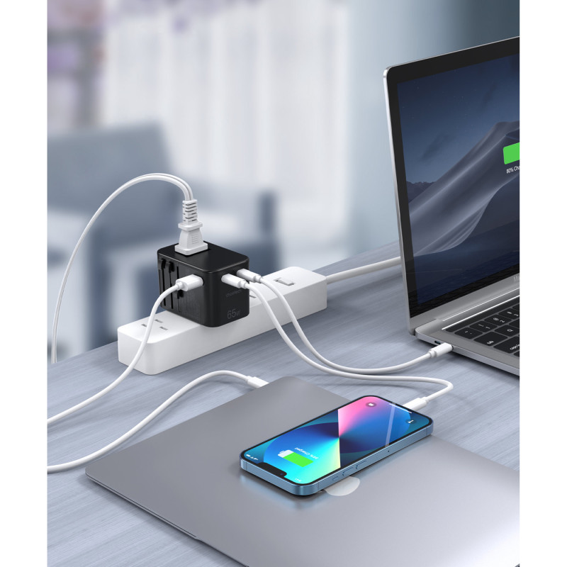 Greitas kelioninis pakrovėjas EU UK US AUS 3xUSB kištukas 30-65W juodas