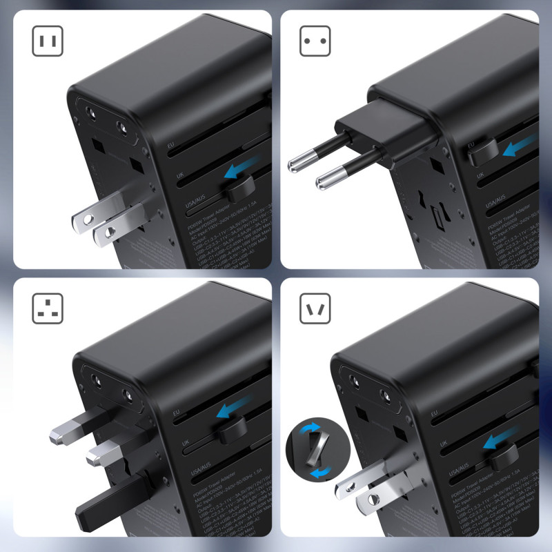 Greitas kelioninis pakrovėjas EU UK US AUS 3xUSB kištukas 30-65W juodas