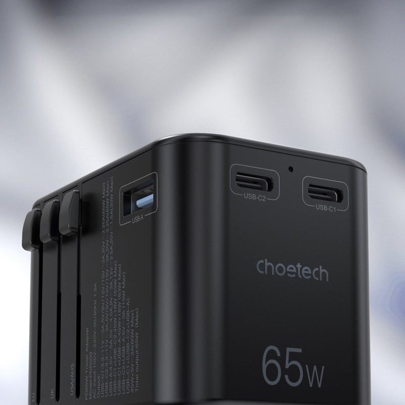 Greitas kelioninis pakrovėjas EU UK US AUS 3xUSB kištukas 30-65W juodas