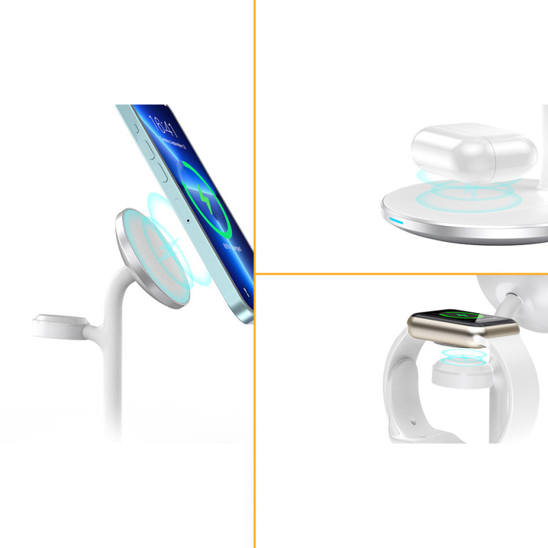 Indukcinis belaidis įkroviklis su stovu iPhone Apple Watch AirPods baltas