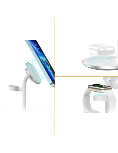 Indukcinis belaidis įkroviklis su stovu iPhone Apple Watch AirPods baltas Indukcinis belaidis įkroviklis su stovu iPhone Apple Watch AirPods baltas