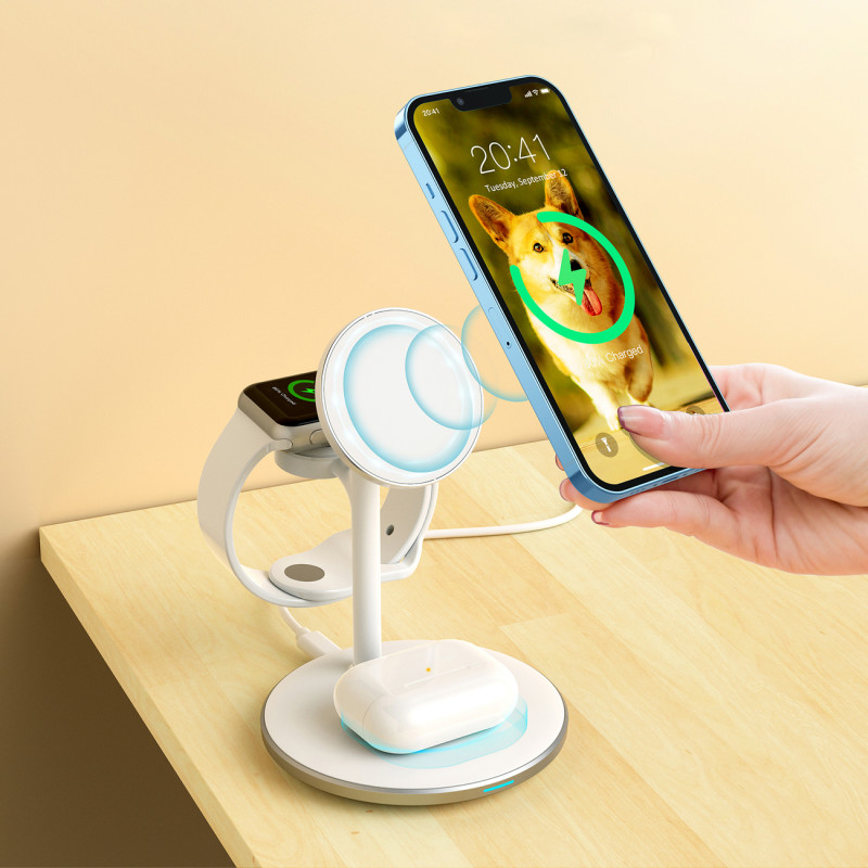 Indukcinis belaidis įkroviklis su stovu iPhone Apple Watch AirPods baltas