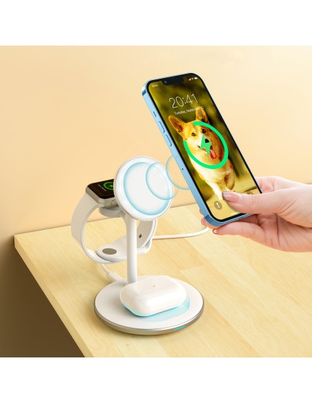 Indukcinis belaidis įkroviklis su stovu iPhone Apple Watch AirPods baltas Indukcinis belaidis įkroviklis su stovu iPhone Apple Watch AirPods baltas