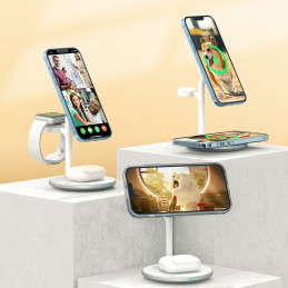 Indukcinis belaidis įkroviklis su stovu iPhone Apple Watch AirPods baltas