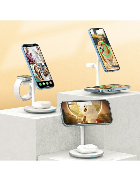Indukcinis belaidis įkroviklis su stovu iPhone Apple Watch AirPods baltas Indukcinis belaidis įkroviklis su stovu iPhone Apple Watch AirPods baltas