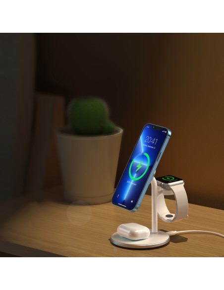 Indukcinis belaidis įkroviklis su stovu iPhone Apple Watch AirPods baltas Indukcinis belaidis įkroviklis su stovu iPhone Apple Watch AirPods baltas