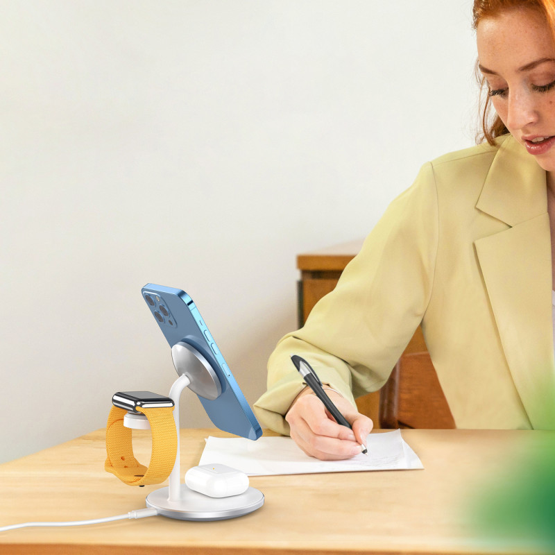 Indukcinis belaidis įkroviklis su stovu iPhone Apple Watch AirPods baltas