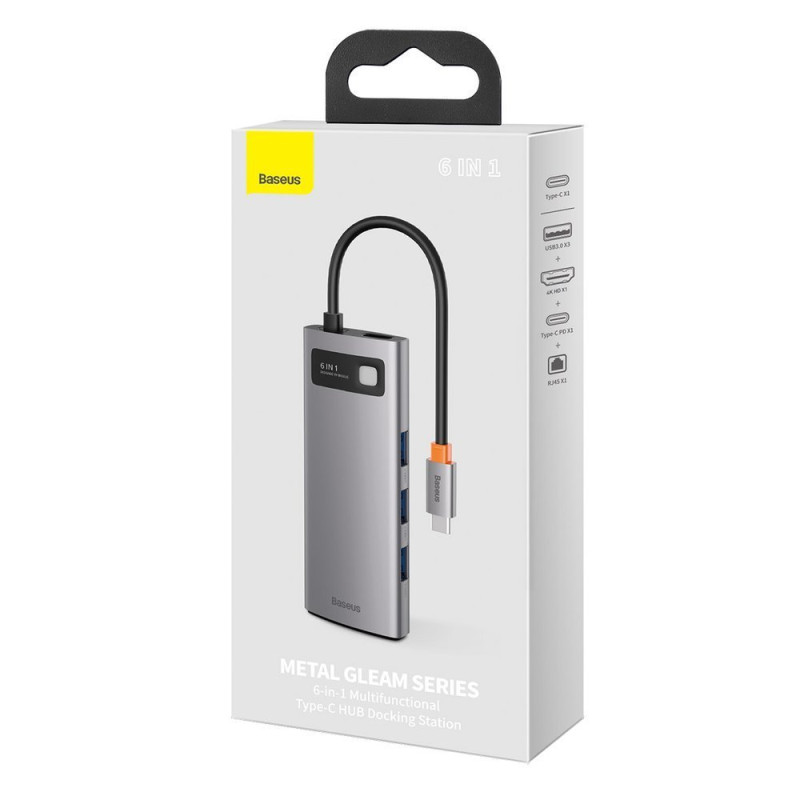 Daugiafunkcis HUB 6in1 USB USB-C PD HDMI 3x USB 3.2 RJ45 Pilka