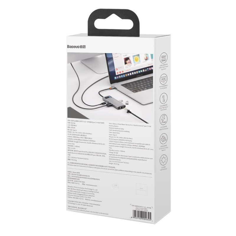 Daugiafunkcis HUB 6in1 USB USB-C PD HDMI 3x USB 3.2 RJ45 Pilka