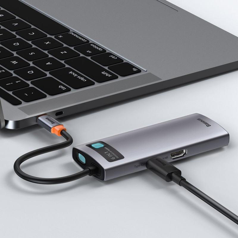 Daugiafunkcis HUB 6in1 USB USB-C PD HDMI 3x USB 3.2 RJ45 Pilka