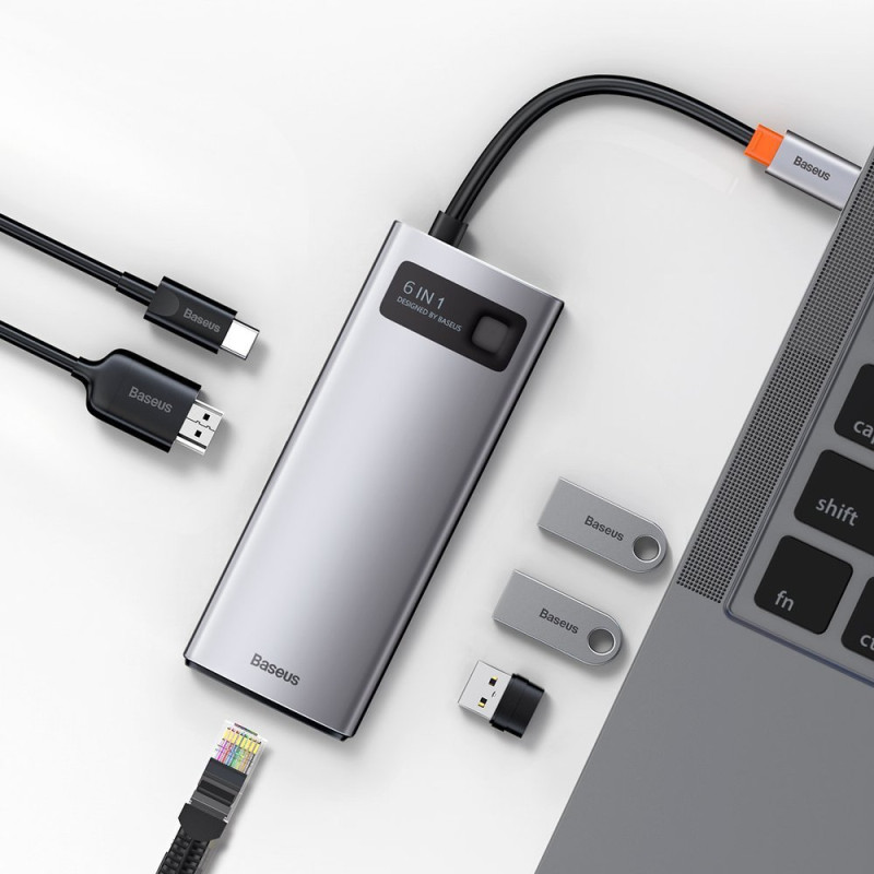 Daugiafunkcis HUB 6in1 USB USB-C PD HDMI 3x USB 3.2 RJ45 Pilka