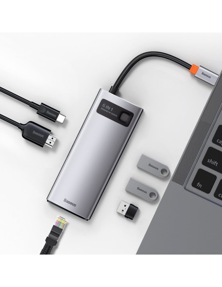 Daugiafunkcis HUB 6in1 USB USB-C PD HDMI 3x USB 3.2 RJ45 Pilka Daugiafunkcis HUB 6in1 USB USB-C PD HDMI 3x USB 3.2 RJ45 Pilka