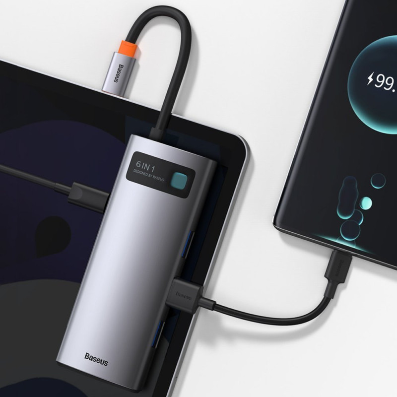 Daugiafunkcis HUB 6in1 USB USB-C PD HDMI 3x USB 3.2 RJ45 Pilka