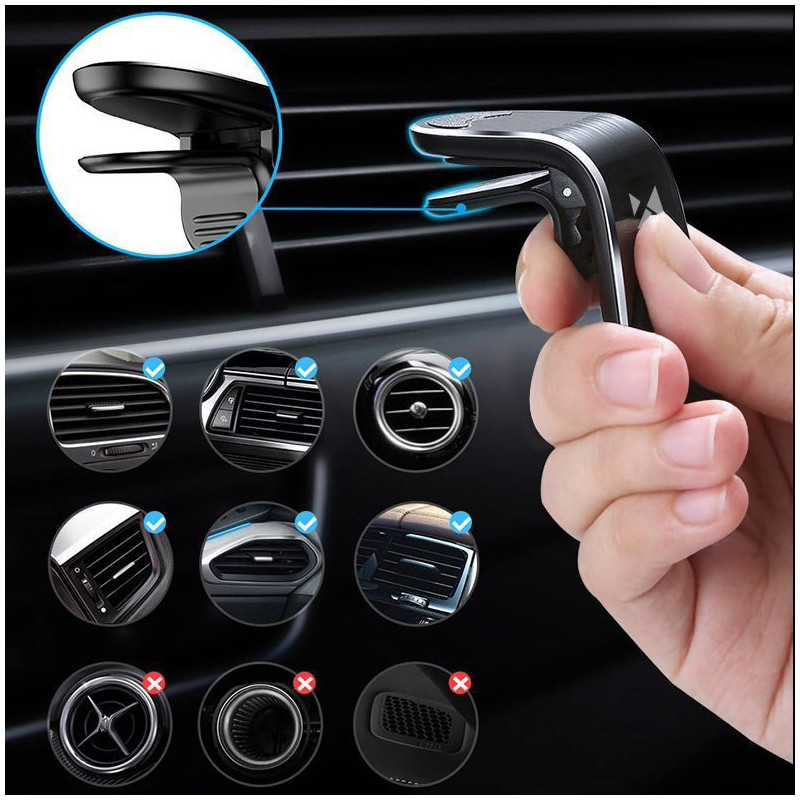 Magnetinis telefono laikiklis ventiliacijos grotelėms, juodas