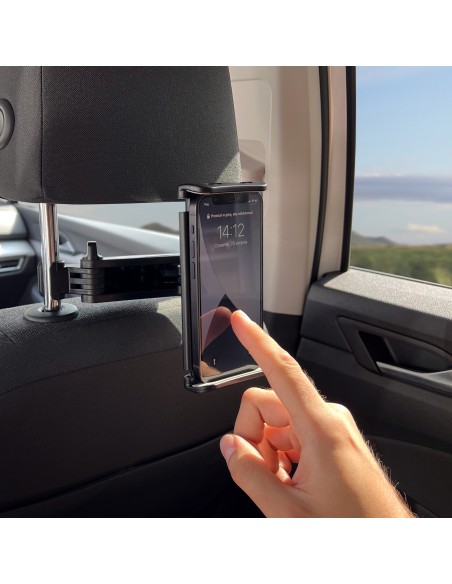 Reguliuojamas galvos atramos laikiklis planšetiniam kompiuteriui arba telefonui juodas Reguliuojamas galvos atramos laikiklis planšetiniam kompiuteriui arba telefonui juodas