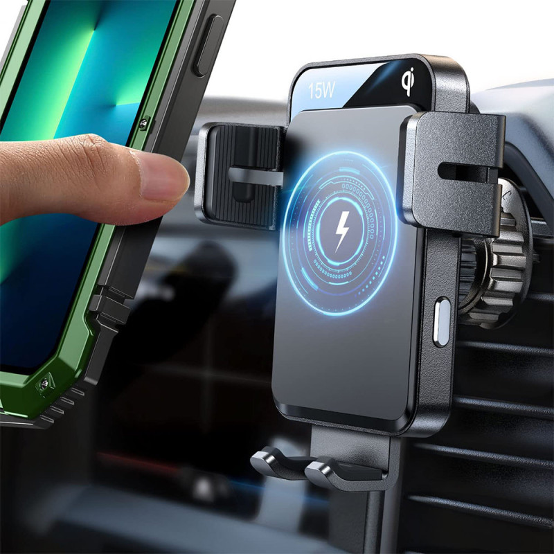 Oro ventiliatorius automobilinis laikiklis su 15W Qi belaidžiu įkrovikliu