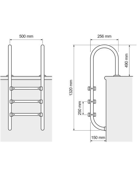 Nerūdijančio plieno baseino kopėčios 3 pakopos 1320 mm Nerūdijančio plieno baseino kopėčios 3 pakopos 1320 mm