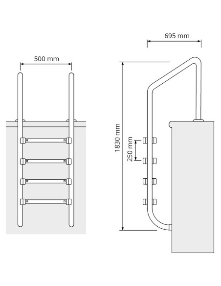 Nerūdijančio plieno baseino kopėčios 4 pakopos 1820 mm Nerūdijančio plieno baseino kopėčios 4 pakopos 1820 mm