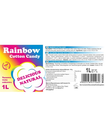 Spalvinga vaivorykštinė cukraus vata Rainbow Cotton Candy 1L Spalvinga vaivorykštinė cukraus vata Rainbow Cotton Candy 1L