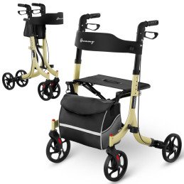 Walker vaikštynės atrama senjorams su sėdyne ir pirkinių krepšiu iki 136kg - auksinis