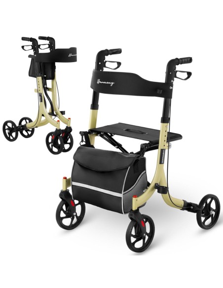 Walker vaikštynės atrama senjorams su sėdyne ir pirkinių krepšiu iki 136kg - auksinis