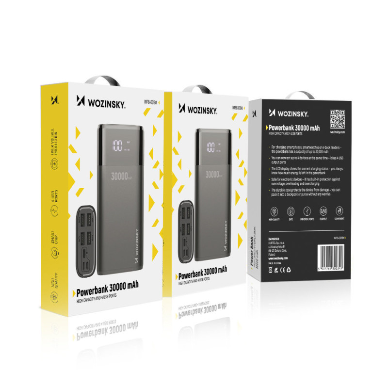 Powerbank 30000mAh Li-Po 4xUSB su LCD ekranu 5V 2A juoda