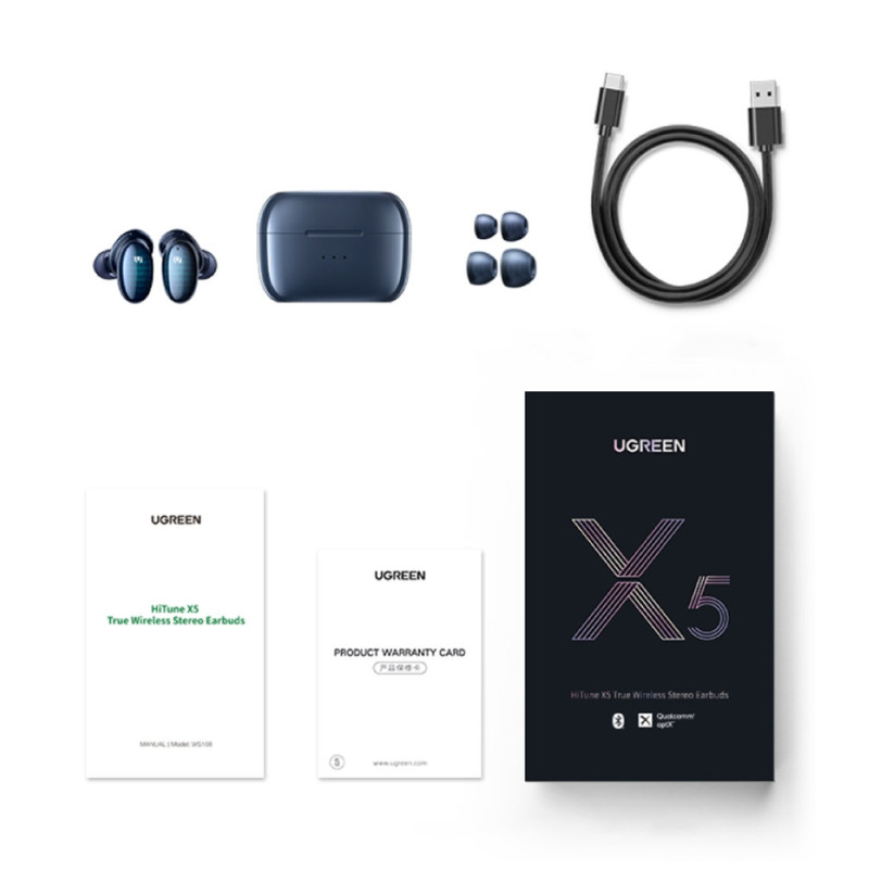 Į ausis įdedamos belaidės ausinės TWS Bluetooth 5.0 vandeniui atsparios IPX5 aptX mėlynos spalvos