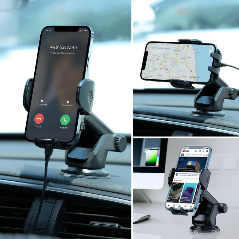 Automobilinis telefono laikiklis su teleskopine rankena prietaisų skydeliui ir priekiniam stiklui juodas