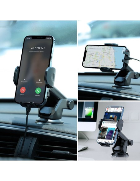 Automobilinis telefono laikiklis su teleskopine rankena prietaisų skydeliui ir priekiniam stiklui juodas Automobilinis telefono laikiklis su teleskopine rankena prietaisų skydeliui ir priekiniam stiklui juodas