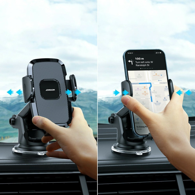 Automobilinis telefono laikiklis su teleskopine rankena prietaisų skydeliui ir priekiniam stiklui juodas