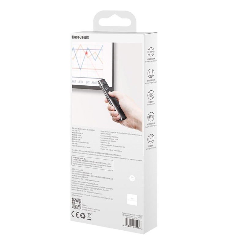 Lazerinis žymeklio nuotolinio valdymo pultas, skirtas kompiuterio pristatymui su įmontuota baterija Orange Dot pilka