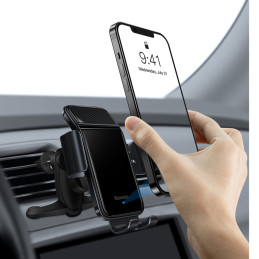Juodas automobilinis telefono laikiklis su saulės įkrovikliu ventiliacijos grotelėms