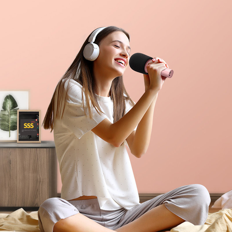 Belaidis karaoke mikrofonas su Bluetooth 5.0 garsiakalbiu 1200mAh rožinis