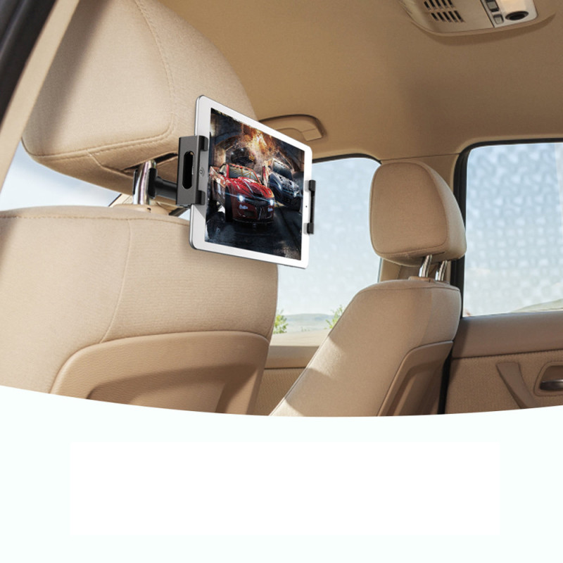Prie galvos atramos pritvirtintas automobilinis laikiklis planšetei išmaniajam telefonui juodas