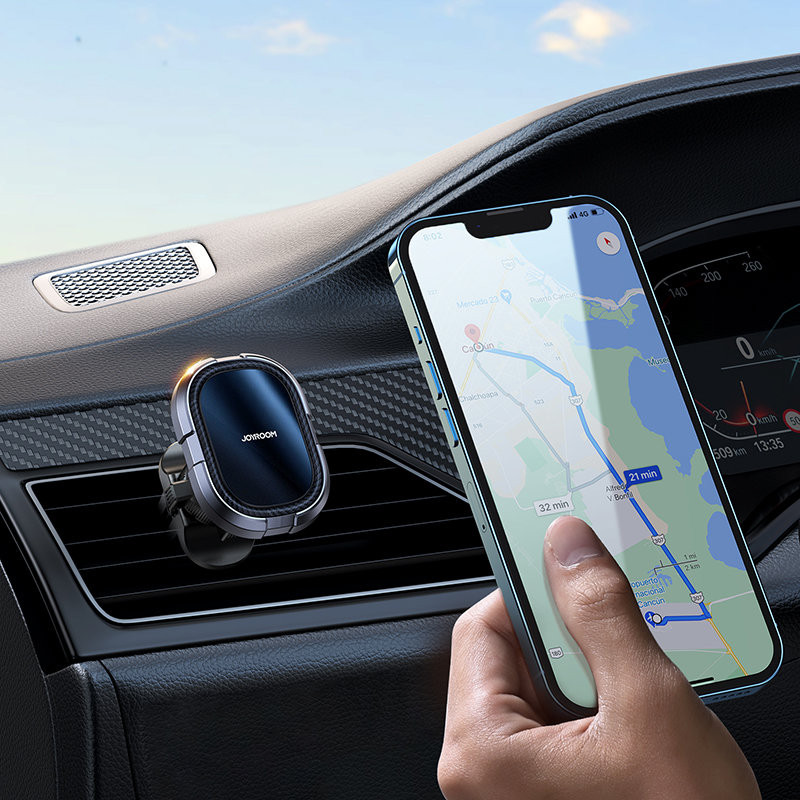 Pilkas magnetinis automobilinio telefono laikiklis ventiliacijos grotelėms